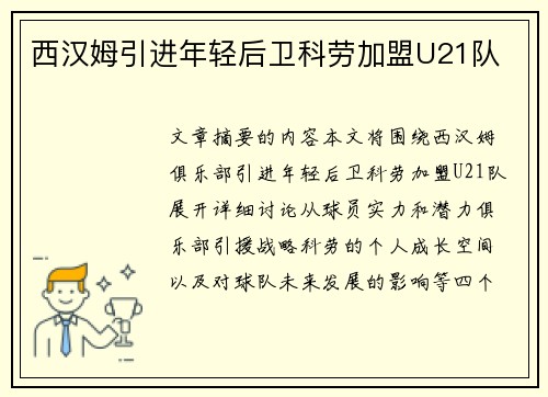 西汉姆引进年轻后卫科劳加盟U21队